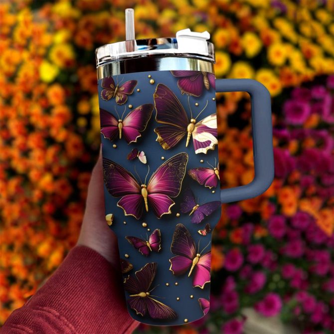 Butterfly Golden Wings Custom Stanley Quencher 40Oz Stainless Steel Tumbler With Handle - Image 2