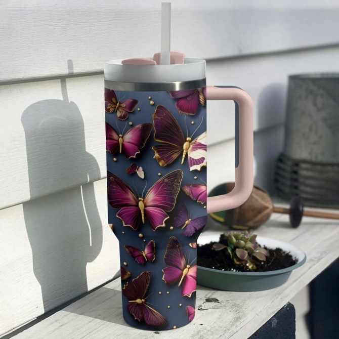 Butterfly Golden Wings Custom Stanley Quencher 40Oz Stainless Steel Tumbler With Handle - Image 3