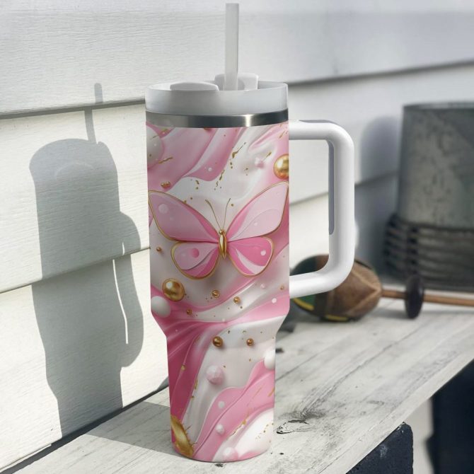 Butterfly Pink Custom Stanley Quencher 40Oz Stainless Steel Tumbler With Handle - Image 2