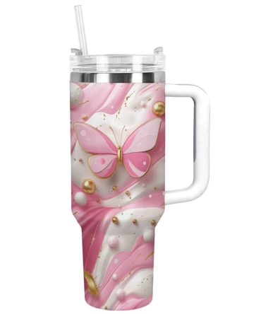 Butterfly Pink Custom Stanley Quencher 40Oz Stainless Steel Tumbler With Handle
