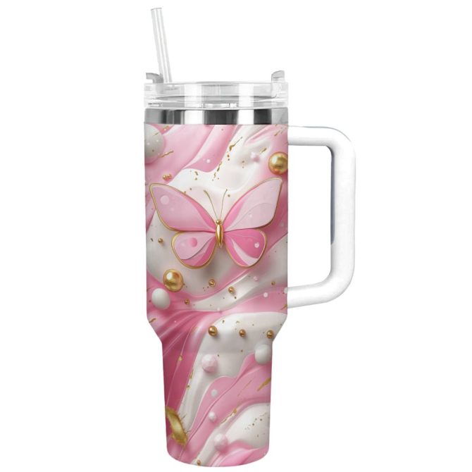 Butterfly Pink Custom Stanley Quencher 40Oz Stainless Steel Tumbler With Handle