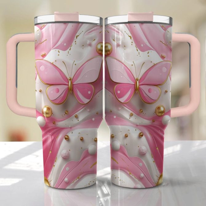 Butterfly Pink Custom Stanley Quencher 40Oz Stainless Steel Tumbler With Handle - Image 3