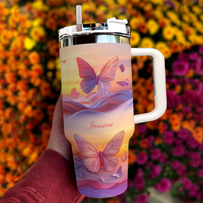 Butterfly Pink Custom Stanley Quencher 40Oz Stainless Steel Tumbler With Handle - Image 2