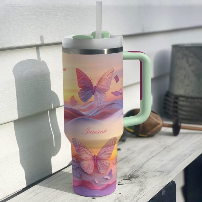 Butterfly Pink Custom Stanley Quencher 40Oz Stainless Steel Tumbler With Handle - Image 3