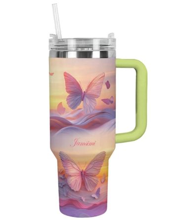 Butterfly Pink Custom Stanley Quencher 40Oz Stainless Steel Tumbler With Handle