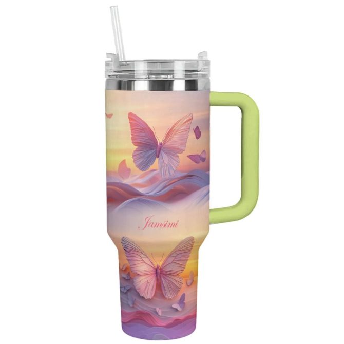 Butterfly Pink Custom Stanley Quencher 40Oz Stainless Steel Tumbler With Handle