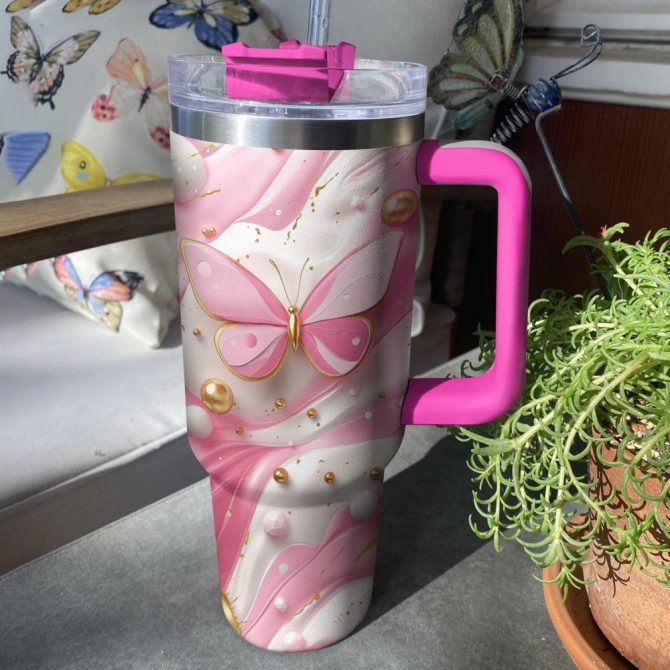Butterfly Pink Custom Stanley Quencher 40Oz Stainless Steel Tumbler With Handle - Image 4