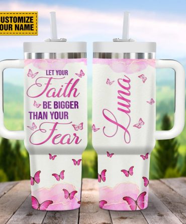 Butterfly Pink Faith Custom Stanley Quencher 40Oz Stainless Steel Tumbler With Handle