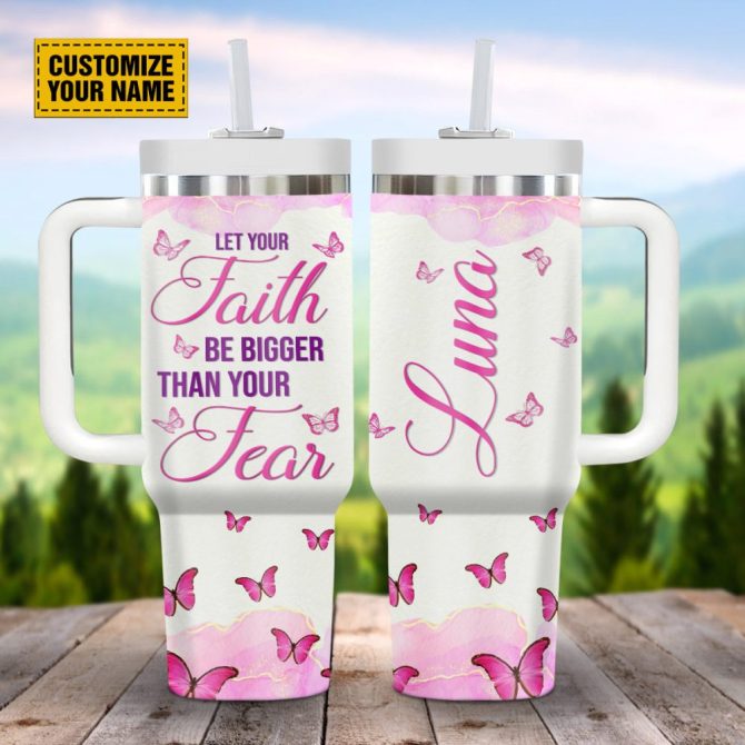 Butterfly Pink Faith Custom Stanley Quencher 40Oz Stainless Steel Tumbler With Handle