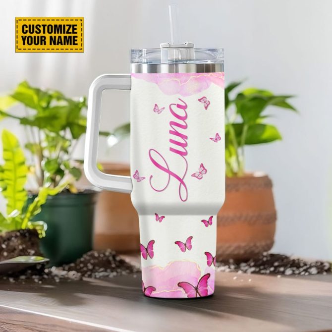 Butterfly Pink Faith Custom Stanley Quencher 40Oz Stainless Steel Tumbler With Handle - Image 3