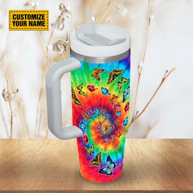 Butterfly Tie Dye Custom Stanley Quencher 40Oz Stainless Steel Tumbler With Handle - Image 5
