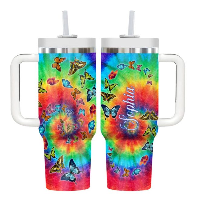 Butterfly Tie Dye Custom Stanley Quencher 40Oz Stainless Steel Tumbler With Handle - Image 8