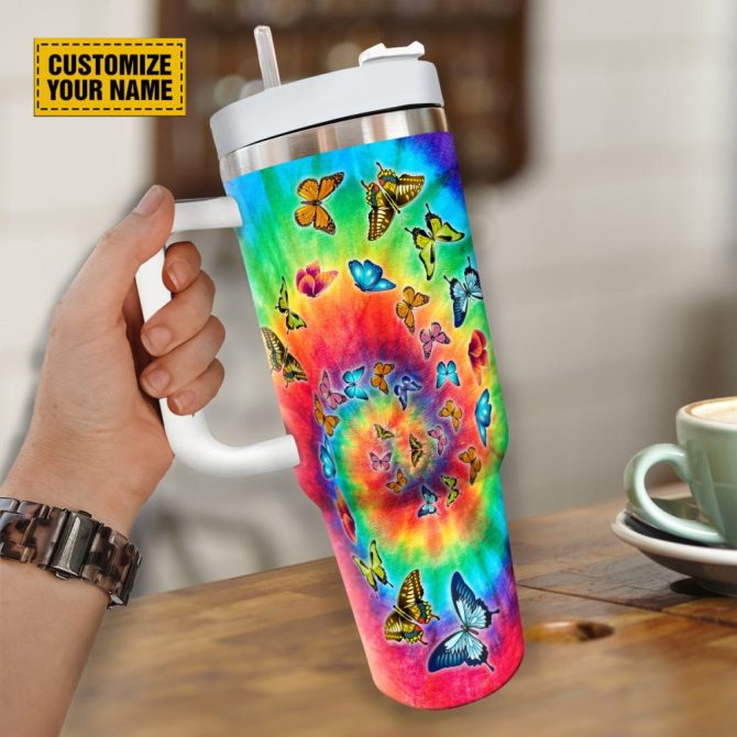 Butterfly Tie Dye Custom Stanley Quencher 40Oz Stainless Steel Tumbler With Handle - Image 4