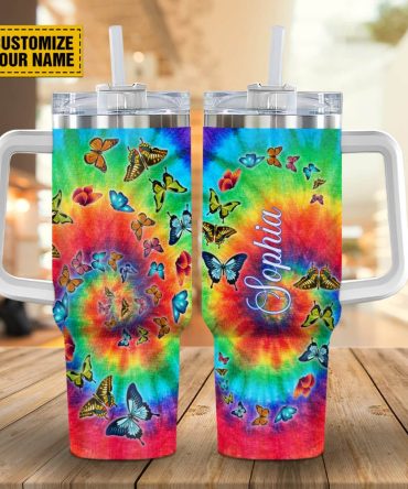 Butterfly Tie Dye Custom Stanley Quencher 40Oz Stainless Steel Tumbler With Handle