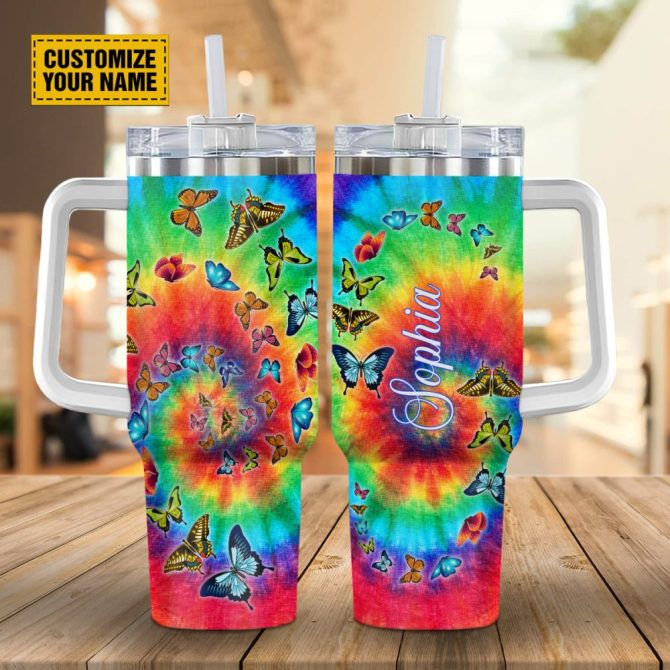 Butterfly Tie Dye Custom Stanley Quencher 40Oz Stainless Steel Tumbler With Handle