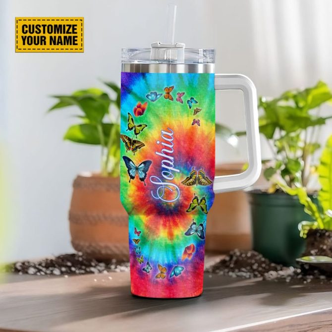 Butterfly Tie Dye Custom Stanley Quencher 40Oz Stainless Steel Tumbler With Handle - Image 3