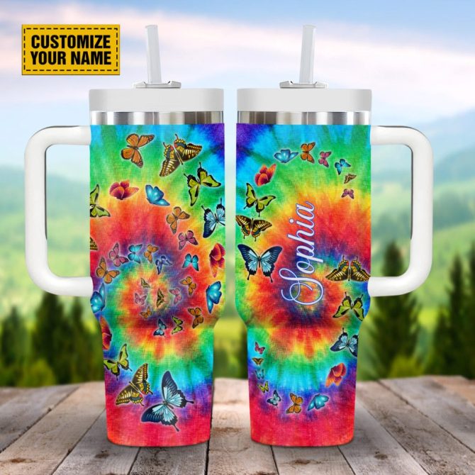 Butterfly Tie Dye Custom Stanley Quencher 40Oz Stainless Steel Tumbler With Handle - Image 2