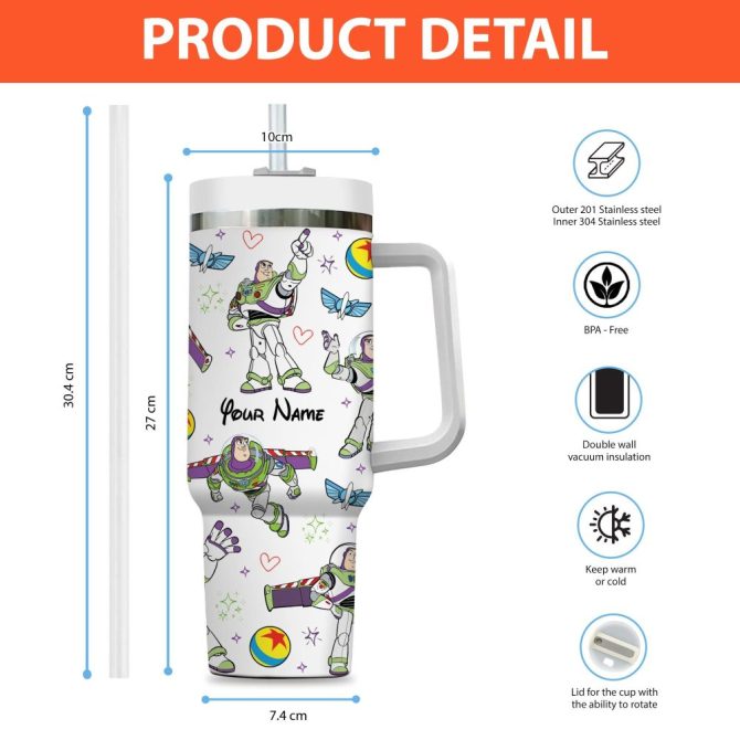 Buzz Lightyear Toy Story Disney Cartoon Custom Stanley Quencher 40Oz Stainless Steel Tumbler With Handle - Image 4