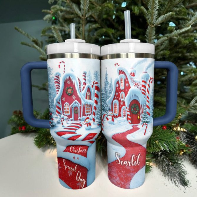 Candy Cane Cottage Christmas Custom Stanley Quencher 40Oz Stainless Steel Tumbler With Handle - Image 2