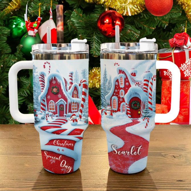Candy Cane Cottage Christmas Custom Stanley Quencher 40Oz Stainless Steel Tumbler With Handle - Image 3
