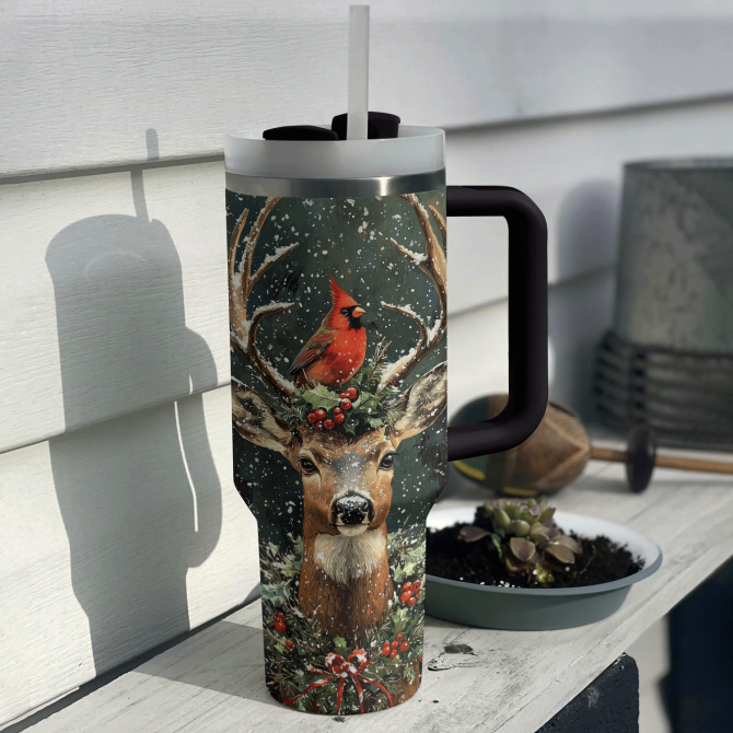 Cardinal And Deer Majesty Holiday Christmas Custom Stanley Quencher 40Oz Stainless Steel Tumbler With Handle - Image 2
