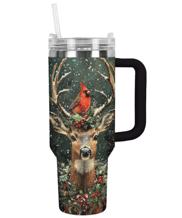 Cardinal And Deer Majesty Holiday Christmas Custom Stanley Quencher 40Oz Stainless Steel Tumbler With Handle