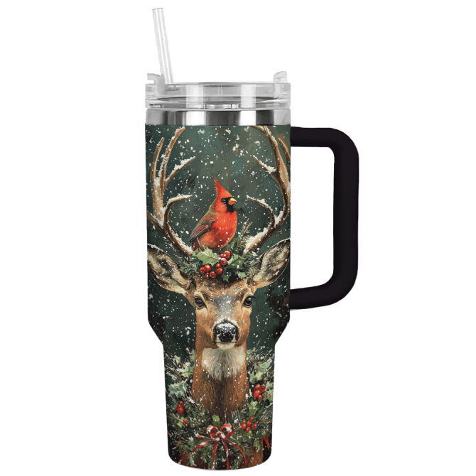 Cardinal And Deer Majesty Holiday Christmas Custom Stanley Quencher 40Oz Stainless Steel Tumbler With Handle