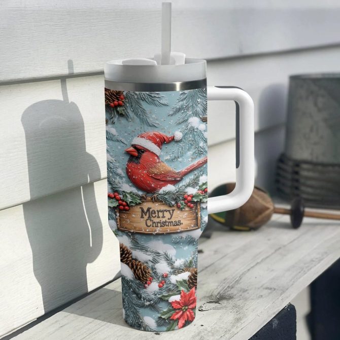 Cardinal Winter Christmas Custom Stanley Quencher 40Oz Stainless Steel Tumbler With Handle - Image 3