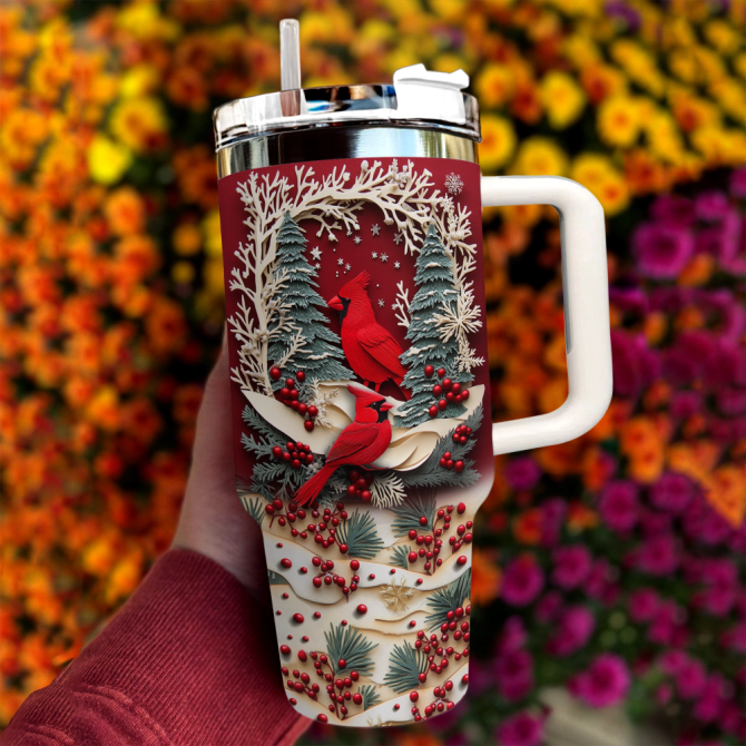 Cardinal Winter Wonderland Custom Stanley Quencher 40Oz Stainless Steel Tumbler With Handle - Image 3