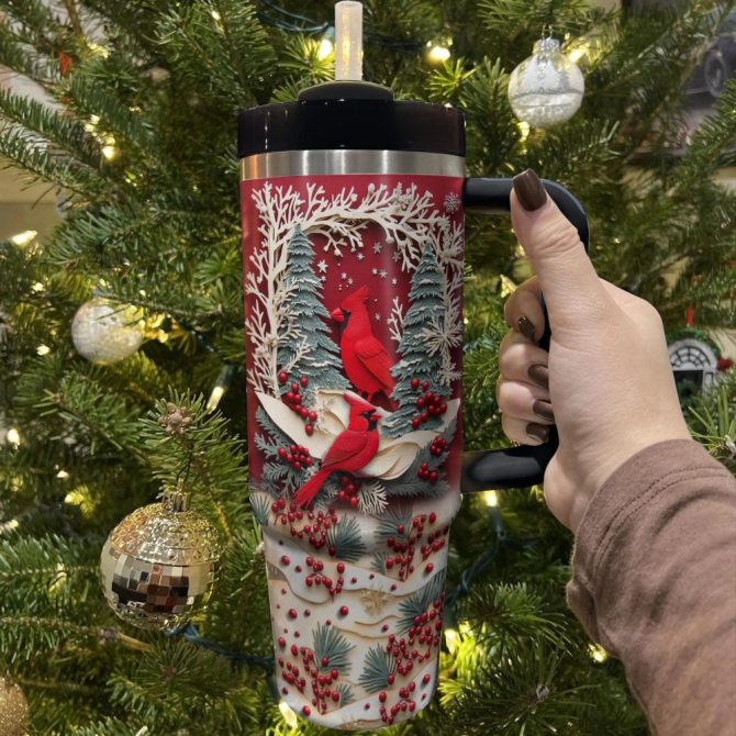 Cardinal Winter Wonderland Custom Stanley Quencher 40Oz Stainless Steel Tumbler With Handle - Image 4