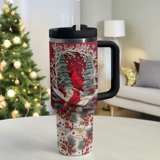 Cardinal Winter Wonderland Custom Stanley Quencher 40Oz Stainless Steel Tumbler With Handle - Image 2