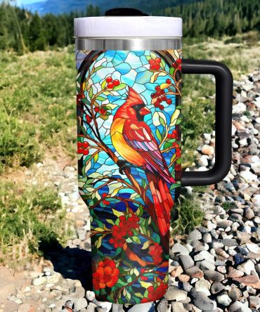 Cardinal With Holly Berry Custom Stanley Quencher 40Oz Stainless Steel Tumbler With Handle