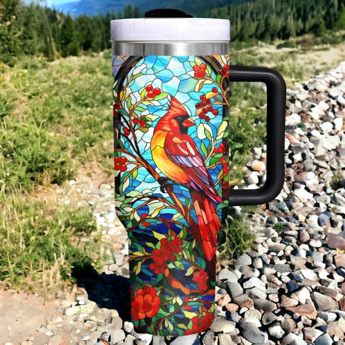 Cardinal With Holly Berry Custom Stanley Quencher 40Oz Stainless Steel Tumbler With Handle