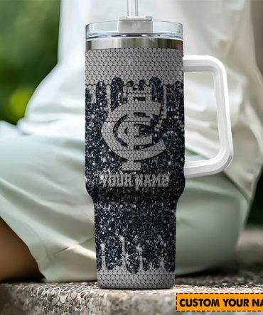 Carlton Blues Afl Sports Glitter Custom Stanley Quencher 40Oz Stainless Steel Tumbler With Handle