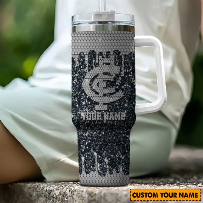 Carlton Blues Afl Sports Glitter Custom Stanley Quencher 40Oz Stainless Steel Tumbler With Handle