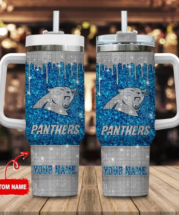 Carolina Panthers Nfl Glitter Custom Stanley Quencher 40Oz Stainless Steel Tumbler With Handle