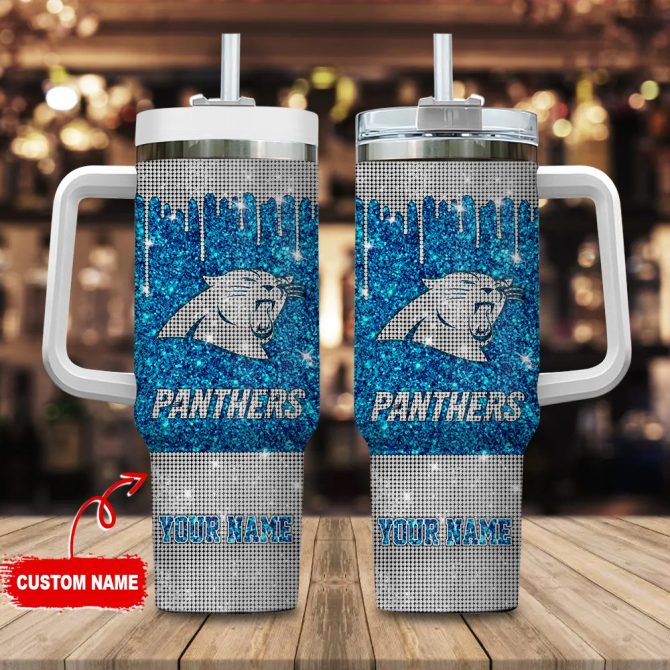 Carolina Panthers Nfl Glitter Custom Stanley Quencher 40Oz Stainless Steel Tumbler With Handle