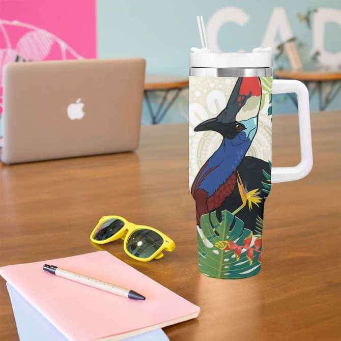Cassowary Australia Tropical Flowers Mix Aboriginal Art Custom Stanley Quencher 40Oz Stainless Steel Tumbler With Handle - Image 5