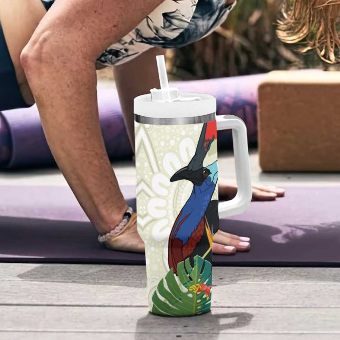 Cassowary Australia Tropical Flowers Mix Aboriginal Art Custom Stanley Quencher 40Oz Stainless Steel Tumbler With Handle - Image 6