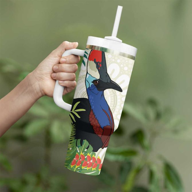 Cassowary Australia Tropical Flowers Mix Aboriginal Art Custom Stanley Quencher 40Oz Stainless Steel Tumbler With Handle - Image 4