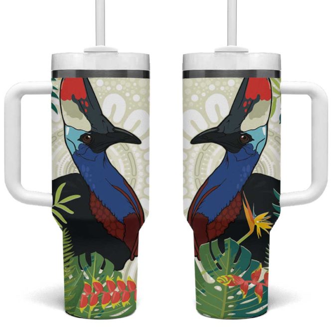 Cassowary Australia Tropical Flowers Mix Aboriginal Art Custom Stanley Quencher 40Oz Stainless Steel Tumbler With Handle - Image 2