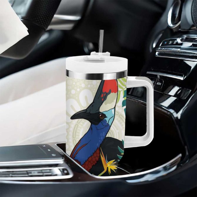 Cassowary Australia Tropical Flowers Mix Aboriginal Art Custom Stanley Quencher 40Oz Stainless Steel Tumbler With Handle - Image 8