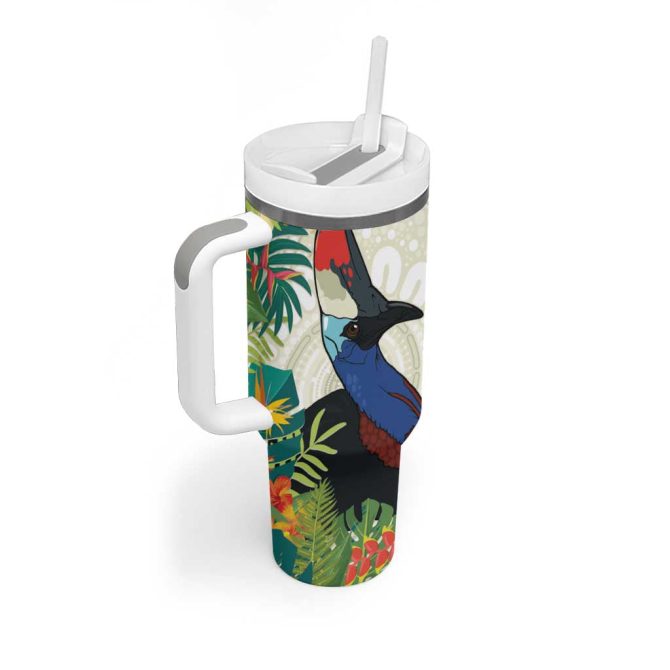 Cassowary Australia Tropical Flowers Mix Aboriginal Art Custom Stanley Quencher 40Oz Stainless Steel Tumbler With Handle - Image 3
