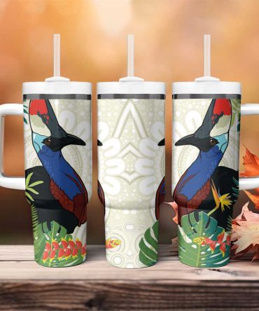 Cassowary Australia Tropical Flowers Mix Aboriginal Art Custom Stanley Quencher 40Oz Stainless Steel Tumbler With Handle