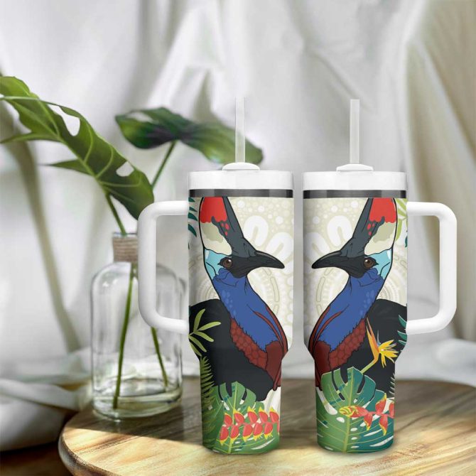Cassowary Australia Tropical Flowers Mix Aboriginal Art Custom Stanley Quencher 40Oz Stainless Steel Tumbler With Handle - Image 9