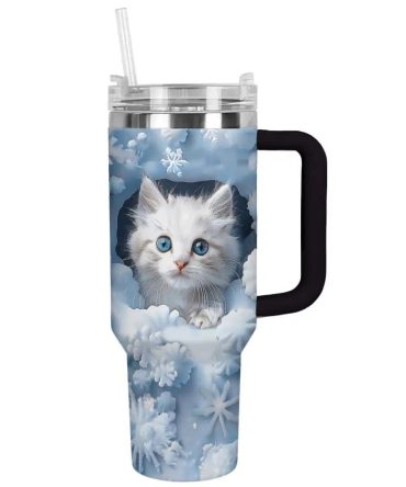 Cat Custom Stanley Quencher 40Oz Stainless Steel Tumbler With Handle
