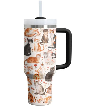 Cat Custom Stanley Quencher 40Oz Stainless Steel Tumbler With Handle