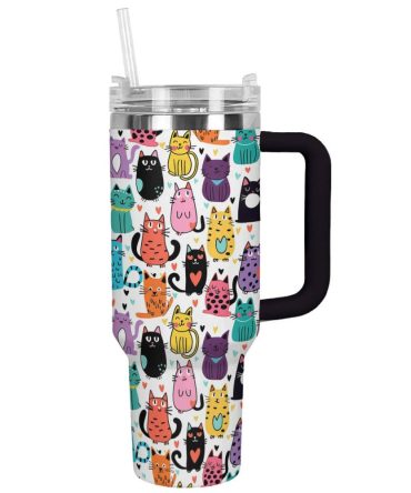 Cat Custom Stanley Quencher 40Oz Stainless Steel Tumbler With Handle