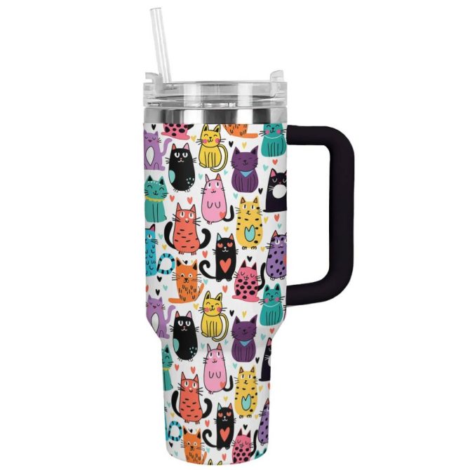 Cat Custom Stanley Quencher 40Oz Stainless Steel Tumbler With Handle