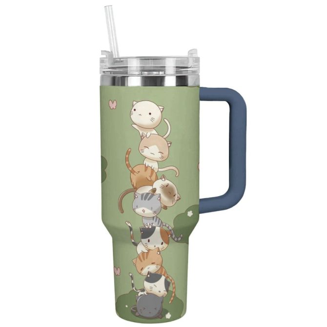 Cat Custom Stanley Quencher 40Oz Stainless Steel Tumbler With Handle